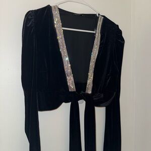 fashion nova long sleeve velvet top with rhinestone detail